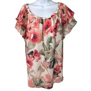 St Johns Bay Top women Size 1X White w Pink Floral Short Sleeves Scoop Neckline